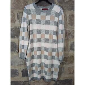Love Scarlett Sweater Dress Woman's Large Checkered Pink Gray Brown‎ Cozy Winter